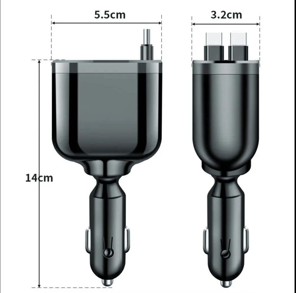 5 in 1 Super Fast Charging Dual Pull Out Retractable Car Charger 12 24V Output TYPE C Car Adapters with QC 3.0 Function