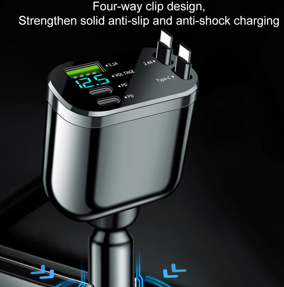 5 in 1 Super Fast Charging Dual Pull Out Retractable Car Charger 12 24V Output TYPE C Car Adapters with QC 3.0 Function