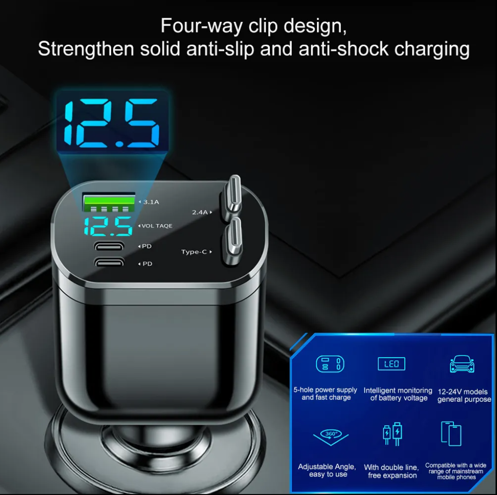 5 in 1 Super Fast Charging Dual Pull Out Retractable Car Charger 12 24V Output TYPE C Car Adapters with QC 3.0 Function