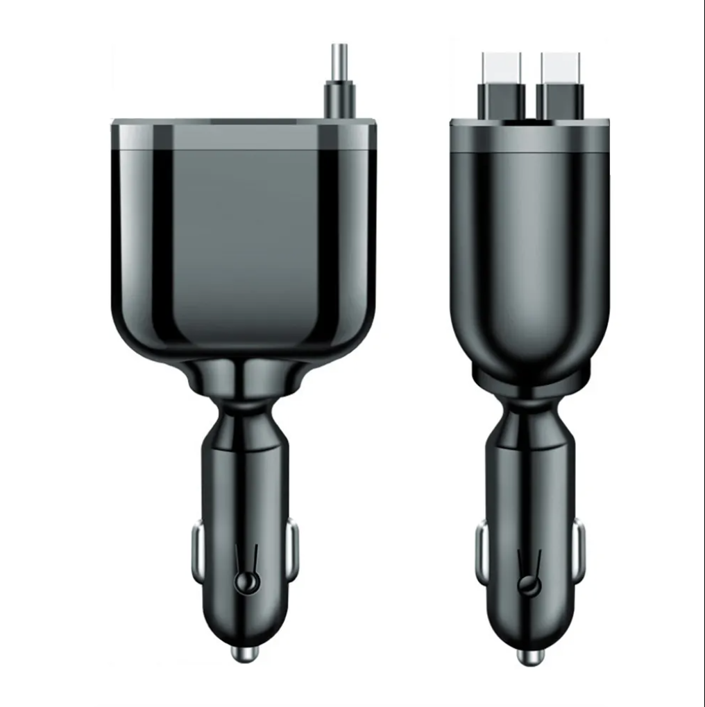 5 in 1 Super Fast Charging Dual Pull Out Retractable Car Charger 12 24V Output TYPE C Car Adapters with QC 3.0 Function