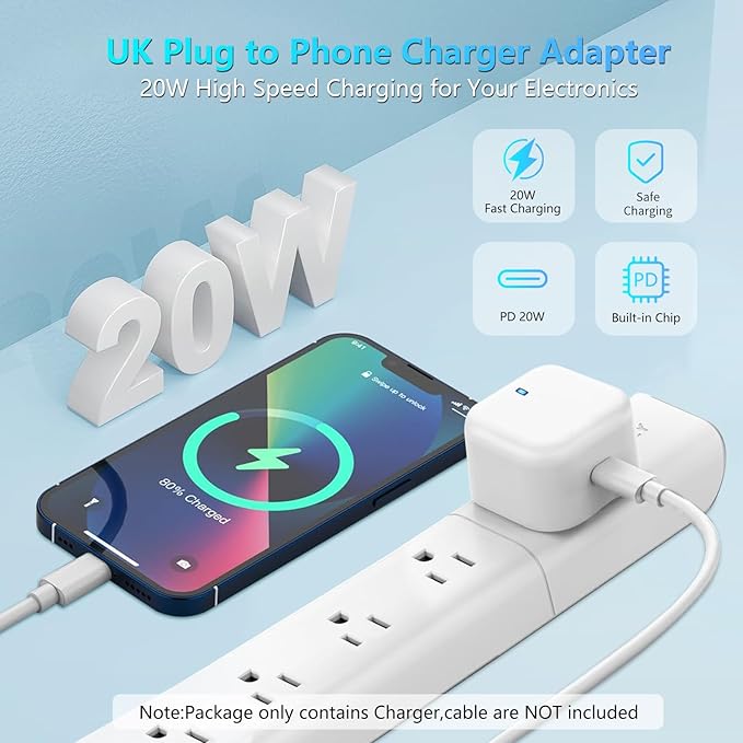 USB C Plug, 20W Power Adapter UK Plug – Fast Charge USB-C Wall Charger for iPhone 15/15 Plus/15 Pro/15 Pro Max, iPad Pro, Samsung S23 Ultra/S22/S21 & More