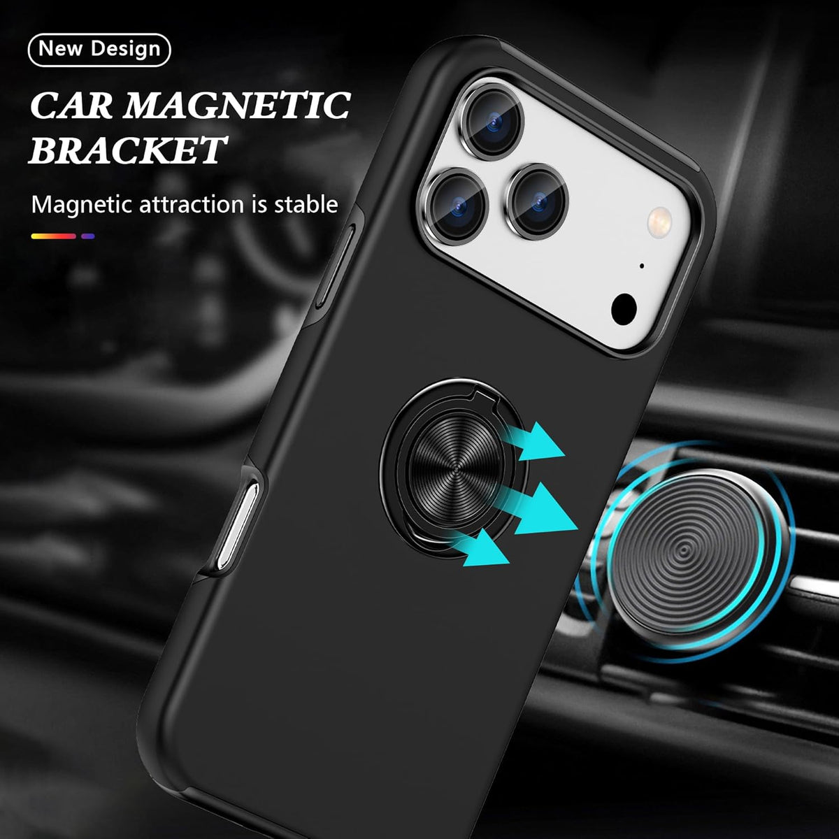 360° Rotation Magnetic Metal Finger Ring Holder Case for iPhone 17 / 17 Air / 17 Pro / 17 Pro Max – Shockproof Hard Cover with Camera Protection, Glossy Anti-Fingerprint Finish – Black