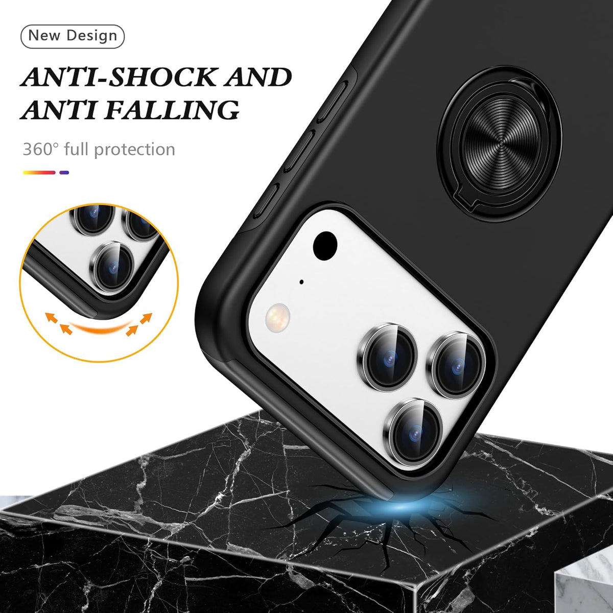 360° Rotation Magnetic Metal Finger Ring Holder Case for iPhone 17 / 17 Air / 17 Pro / 17 Pro Max – Shockproof Hard Cover with Camera Protection, Glossy Anti-Fingerprint Finish – Black