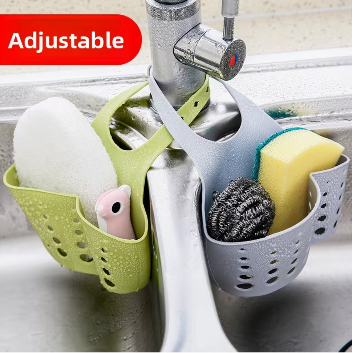 Adjustable Hanging Sink Organizer – Space-Saving Plastic Hook Rack with Draining Function | Kitchen Sink Draining Basket for Sponges, Soaps & Dish Accessories