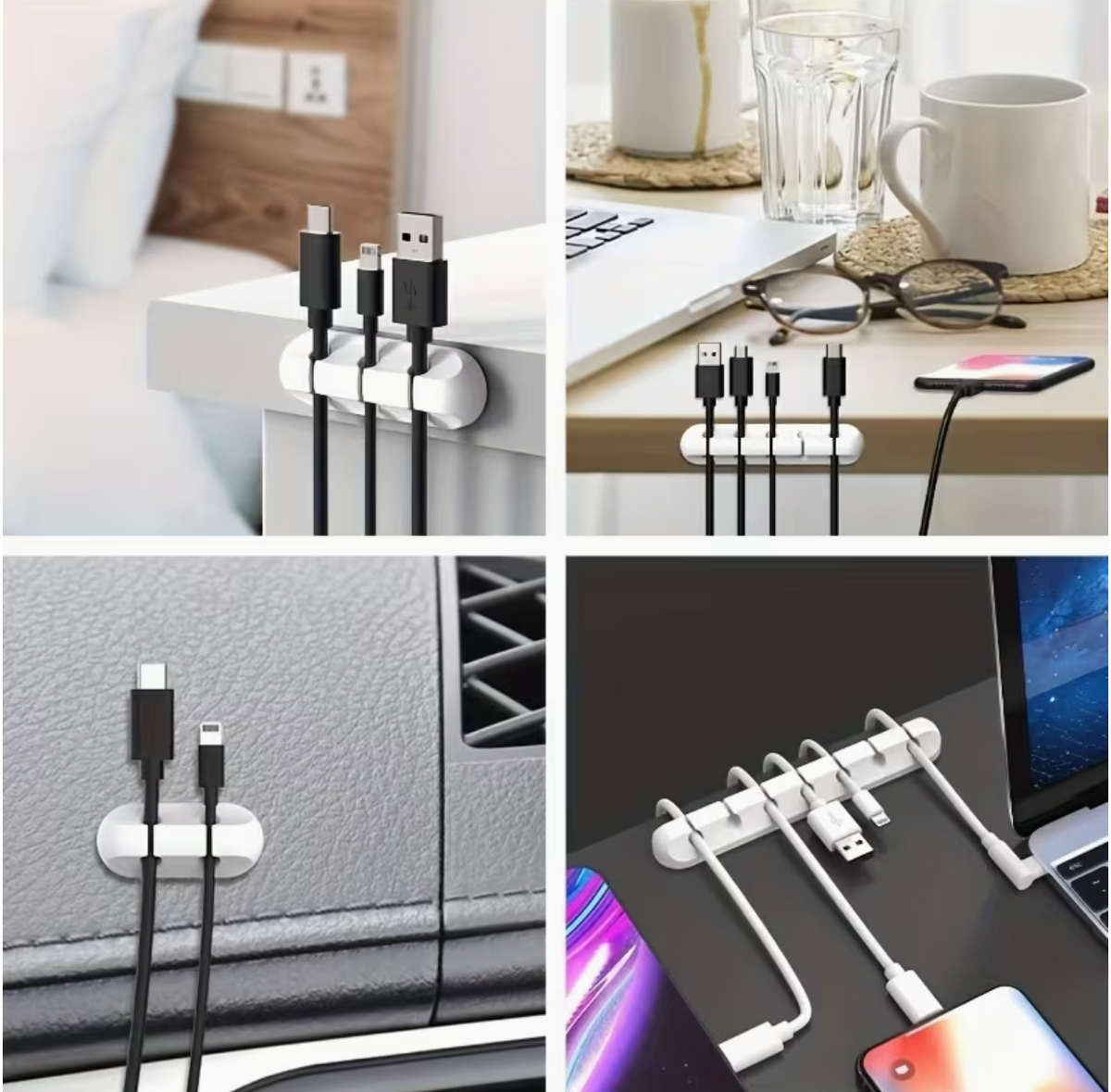 5 Hole Cable Organizer with Synthetic Gemstones – 5-Hole USB Cord Management Box with Clips | Desk, Car, Home & Office Cable Storage