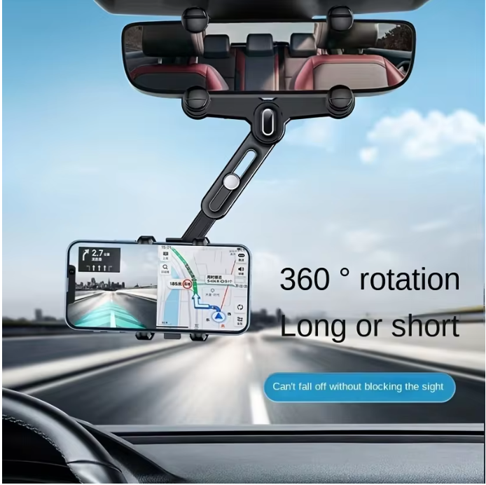 360° Rotating Car Rearview Mirror Phone Holder - Perfect for Kids and Adults - Compatible with Phones and GPS Devices