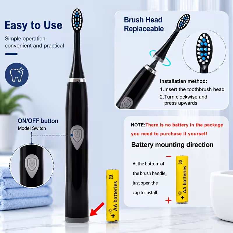 Electric Toothbrush – Daily Oral Care, Gentle Brushing Design, AA Battery Powered | Black Color
