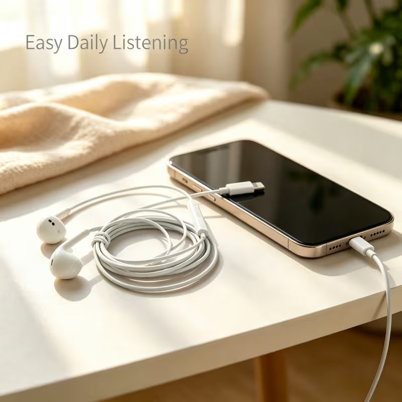 Lightning Wired Earbuds – In-Ear Earphones with HD Microphone & Volume Control