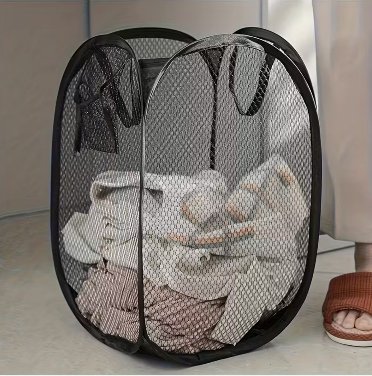 Foldable High-Capacity Mesh Laundry Basket with Handle – Rectangular Casual Polymer Laundry Basket for Bathroom, Bedroom & Dorm, Lightweight Storage Hamper for All Seasons