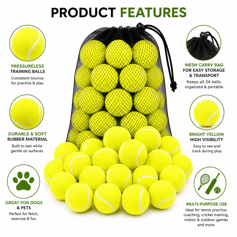 2 Pcs Yellow Tennis Balls – Pressureless Practice Training Balls for Beginners, Coaching, Indoor and Outdoor Games